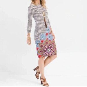 Chico's 3/4 Ruched Sleeve Pullover Print Dress Size 3 US 16/18